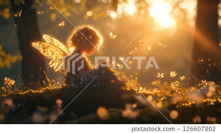 Wood fairy with translucent wings, glowing skin, sitting on mossy log in enchanted forest, golden sunlight, ancient trees, dappled light, floating pollen, wildflowers, gentle mist, magical ethereal Wood fairy with translucent wings, glowing skin, sitting on mossy log in enchanted forest, golden sunlight, ancient trees, dappled light, floating pollen, wildflowers, gentle mist, magical ethereal 126607802