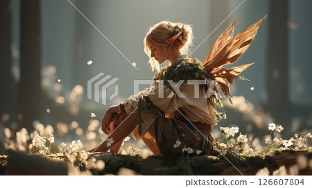 Wood fairy with translucent wings, glowing skin, sitting on mossy log in enchanted forest, golden sunlight, ancient trees, dappled light, floating pollen, wildflowers, gentle mist, magical ethereal 126607804