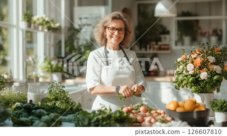 Professional dietitian in modern kitchen, fresh fruits, vegetables, natural sunlight, white countertops, healthy meal prep, friendly smile, minimalist decor, vibrant atmosphere, soft depth of field, Professional dietitian in modern kitchen, fresh fruits, vegetables, natural sunlight, white countertops, healthy meal prep, friendly smile, minimalist decor, vibrant atmosphere, soft depth of field, 126607810