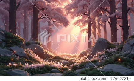 A serene forest at twilight bathed in soft purple glow delicate violet rays filter through mist-shrouded ancient trees bioluminescent flowers light mossy ground sparkling dewdrops cinematic atmosphere A serene forest at twilight bathed in soft purple glow delicate violet rays filter through mist-shrouded ancient trees bioluminescent flowers light mossy ground sparkling dewdrops cinematic atmosphere 126607814