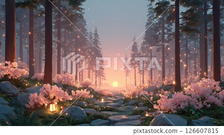 A serene forest at twilight bathed in soft purple glow delicate violet rays filter through mist-shrouded ancient trees bioluminescent flowers light mossy ground sparkling dewdrops cinematic atmosphere 126607815