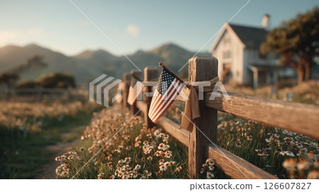A photorealistic, highly detailed scene of rustic American flags made from weathered wood and burlap, draped over an old wooden barn fence in a sunlit countryside meadow, wildflowers blooming around 126607827