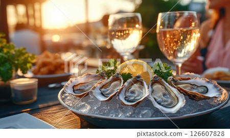 A photorealistic, highly detailed tray of fresh oysters on crushed ice, garnished with lemon wedges and parsley, on a silver platter, rustic wooden table, soft natural light, warm inviting atmosphere, A photorealistic, highly detailed tray of fresh oysters on crushed ice, garnished with lemon wedges and parsley, on a silver platter, rustic wooden table, soft natural light, warm inviting atmosphere, 126607828