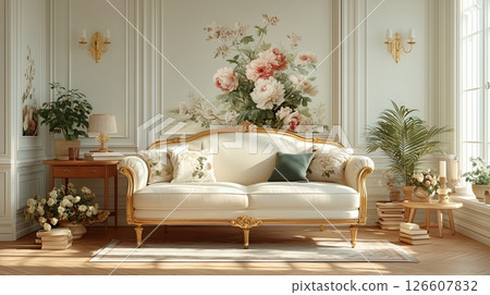 A photorealistic vintage pastel flower wallpaper in an elegant living room, soft sunlight through sheer curtains, delicate shadows, antique gold-accented furniture, lush roses, peonies, dreamy serene 126607832