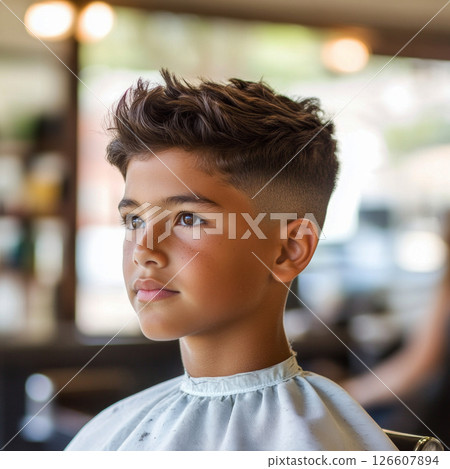 In a barber shop filled with light, a young Hispanic boy sits in profile, focused as his haircut highlights his stylish look 126607894
