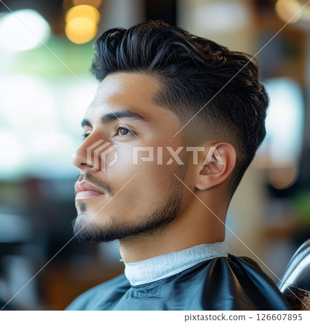 A Hispanic man sits in a barber shop, focused on the haircut process. Sunlight streams in, highlighting his profile as he prepares for a stylish transformation 126607895