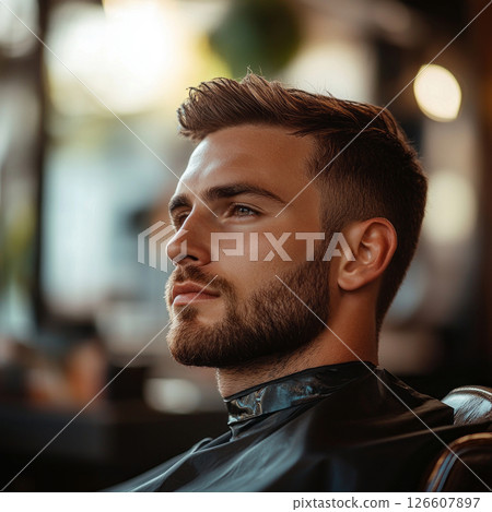 A European man sits in profile at a barber shop, focusing intently as he receives a haircut. The warm ambiance enhances the experience as he awaits his fresh look 126607897