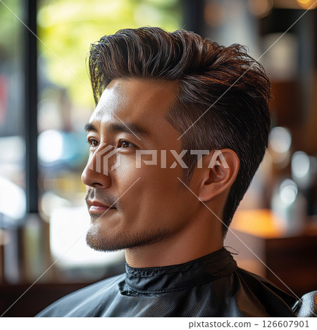 An Asian man sits in profile at a barber shop, wearing a cape while a stylist prepares to give him a fresh haircut. Natural light filters through the shop's windows 126607901