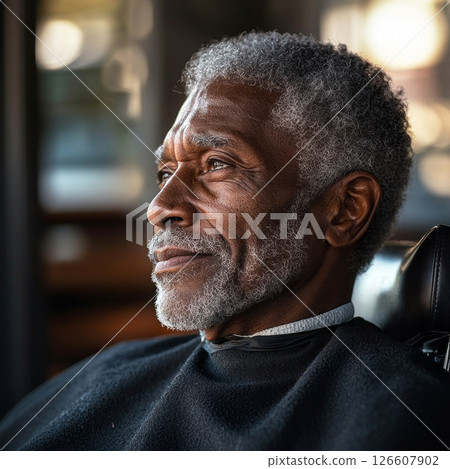 An elderly African American man relaxes in a barber chair while receiving a haircut at a local barber shop. The atmosphere is inviting and lively, showcasing community engagement 126607902