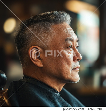 An elderly Asian man in profile sits comfortably in a barber chair, focusing on his reflection as he prepares for a stylish haircut at a local barber shop 126607903