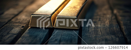 Gold bars sit on dark wood with matte depth and subtle light, captured in still product style for premium and elegant finance settings, banner 126607914