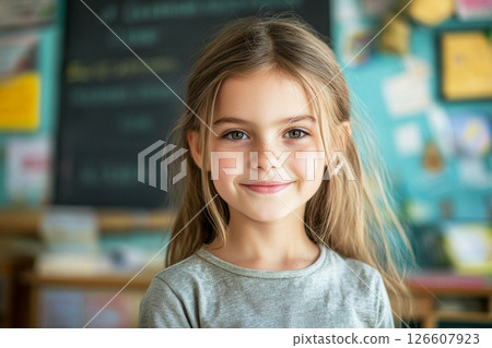 A cheerful 10-year-old girl stands in a vibrant classroom, her long hair framing her face as she smiles warmly amidst educational materials and notes on a chalkboard 126607923