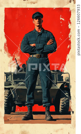 Heroic retro poster of male soldier in camo gear posing with military vehicle, styled with patriotic pride and grit 126607933