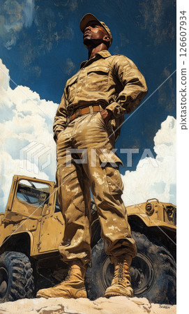 Retro poster of Afroamerican man in camo gear and boots posing confidently in front of combat truck, styled with grit, military pride, and patriotic vintage energy 126607934