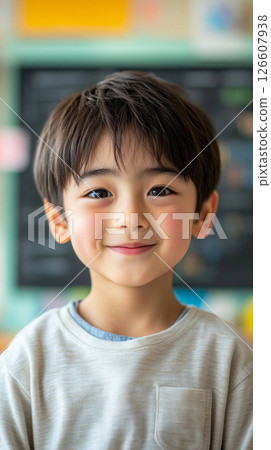 A cheerful 10-year-old boy stands with a bright smile in a lively classroom filled with colorful decor and a chalkboard. His happy expression captures the joy of learning 126607938