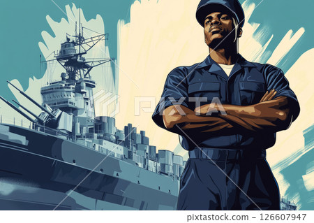 A sailor in white uniform stands proudly with crossed arms, showcasing strength and confidence while a large naval ship looms in the background against a blue sky 126607947