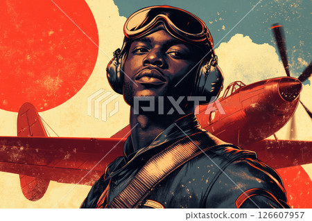 A confident military officer stands with arms crossed in front of a fighter jet, embodying strength and style typical of 1950s pin-up art, with a colorful backdrop 126607957