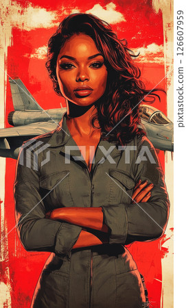 A vibrant retro poster depicts a confident woman in military attire standing proudly before an aircraft. The scene captures a blend of nostalgia and empowerment in a 1950s style A vibrant retro poster depicts a confident woman in military attire standing proudly before an aircraft. The scene captures a blend of nostalgia and empowerment in a 1950s style 126607959
