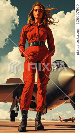 A confident woman poses in a vivid red jumpsuit, standing beside a sleek aircraft. This retro pin-up style captures a sense of empowerment against a sunny backdrop 126607960