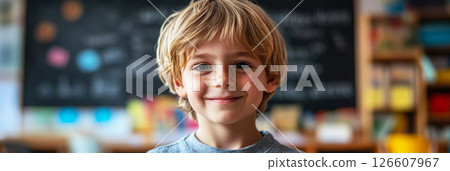 A cheerful Scandinavian boy, around 10 years old, smiles warmly while seated in a bright classroom surrounded by colorful learning materials and cheerful decor, banner 126607967
