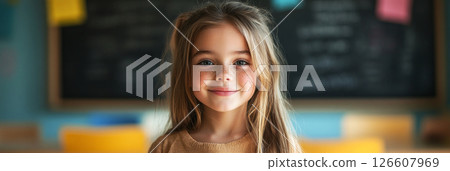 A Scandinavian girl, around 10 years old, smiles confidently as she participates in classroom activities with classmates. The atmosphere is cheerful and vibrant, banner 126607969