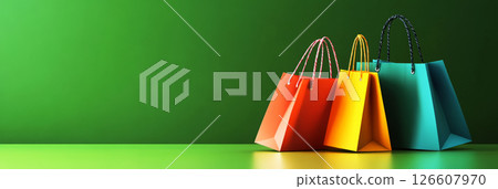 A vibrant set of colorful shopping bags stacked against a green backdrop, in sleek minimal design, great for fashion marketing, retail banners, and modern flyers, banner 126607970