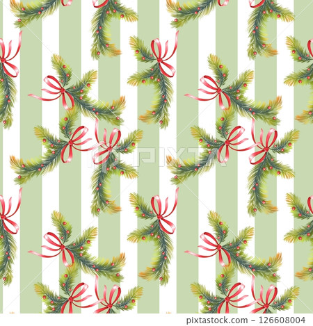Pine Branches with Red Bows on Green and White Stripes 126608004