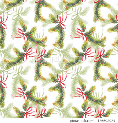 Pine Branches with Red Bows and Berries Pattern Pine Branches with Red Bows and Berries Pattern 126608025