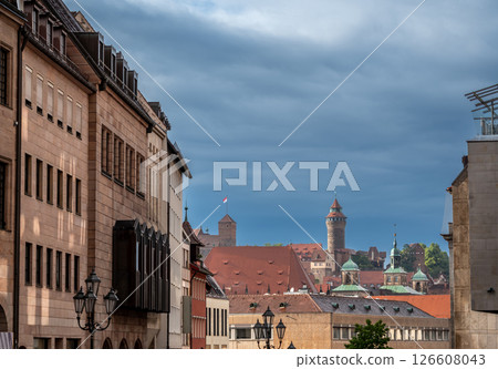 Nuremberg, Germany, August 2, 2023. Beautiful view of the old town with the castle standing out in the background. Cloudy day, travel destinations. 126608043