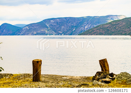 Bonfire and fjord landscape, Norway 126608171