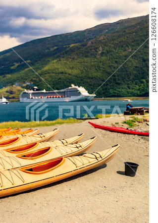 Kayaks and cruise ship in Flam, Norway Kayaks and cruise ship in Flam, Norway 126608174