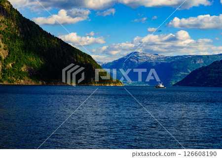 Fjord landscape with ferry, Norway Fjord landscape with ferry, Norway 126608190