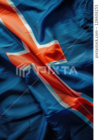 Close-up of the Icelandic flag, featuring blue background with a red cross outlined in white. Iceland Independence Day, vertical banner, copy space, free space for text 126608255