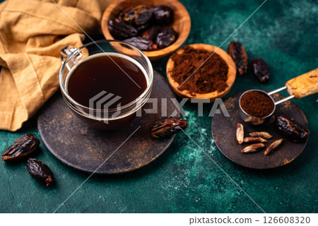 Coffee from date seed. Caffein free drink 126608320