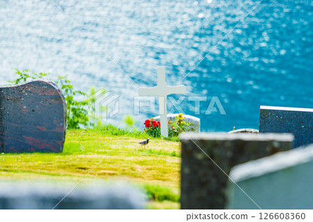 Churchyard in Nes village at fjord, Norway 126608360