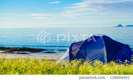 Tent on beach, Lofoten islands, Norway 126608401