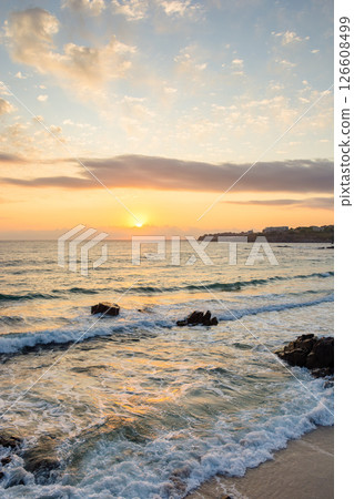 sea beach landscape at sunrise in summer. sun on the sky sea beach landscape at sunrise in summer. sun on the sky 126608499