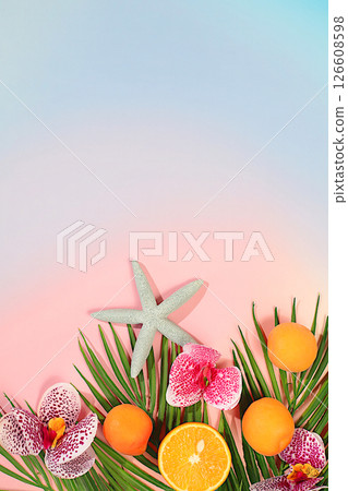 Tropical background with exotic fruits, Fruity sunny banner. Summer in a snapshot, oranges, apricots, seashells, orchid flowers on a bright background with shadows from a palm tree, template for 126608598