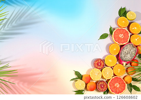 Summer in a snapshot, oranges, dragon fruit, apricots, pitaya, grapefruit on a bright background with shadows from a palm tree, Tropical background with exotic fruits, fruit sunny banner. template 126608602