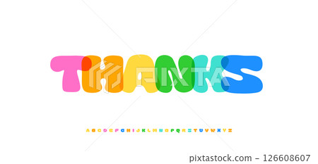 Thanks bright text with overlapping colorful letters, thank you lettering for greeting cards, subscribers posts, headlines, logo and banners. Bold heavy typographic design. Vector illustration. Thanks bright text with overlapping colorful letters, thank you lettering for greeting cards, subscribers posts, headlines, logo and banners. Bold heavy typographic design. Vector illustration. 126608607