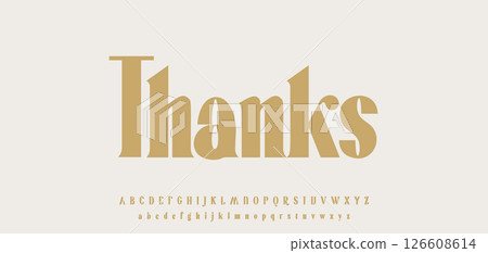 Thank you message in retro serif golden font for subscribers and followers. Stylish classic Thanks lettering for greeting card, logo, headline, branding or banner design. Vector illustration. 126608614