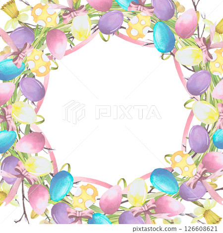 Wreath frame of Easter eggs, twigs and spring flowers. watercolor illustration isolated set on white. Eggs, narcissus and willow hand drawn pastel tones for Easter cards, packaging and festive decor Wreath frame of Easter eggs, twigs and spring flowers. watercolor illustration isolated set on white. Eggs, narcissus and willow hand drawn pastel tones for Easter cards, packaging and festive decor 126608621