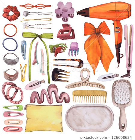 Watercolor illustrations of hairpins and hair items. Hand-drawn set of isolated clip art on a white background. Bright and stylish pictures of realistic hairpins and hair care devices for textiles 126608624