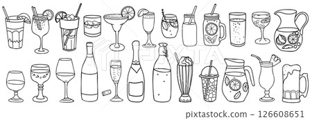 Drinks set. Cocktails, Wine, Beer and Whiskey. Lemonade, Milkshake, Water, Soda,Ice tea and Smoothie. Hand drawn Vector illustration in Doodle style. Beverages for restaurant menus and graphic design 126608651