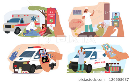 Ambulance service emergency call by mobile phone cartoon scene with people in need of first aid 126608687