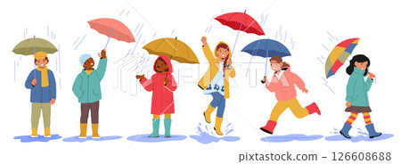 Happy carefree children cartoon characters with umbrellas walking under rainfall isolated set Happy carefree children cartoon characters with umbrellas walking under rainfall isolated set 126608688