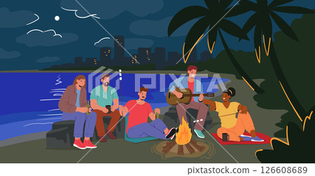 Happy friends sitting around bonfire having fun during evening enjoying pastime cartoon scene Happy friends sitting around bonfire having fun during evening enjoying pastime cartoon scene 126608689