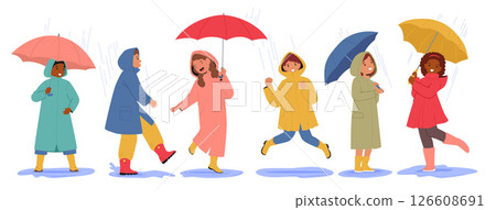 Happy kids cartoon characters in raincoats holding umbrellas and without standing under rain set 126608691
