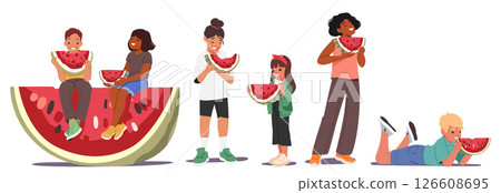 Diverse kids of different ages eating watermelon summer snack isolated cartoon set on white 126608695