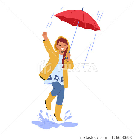 Delightful attractive fashion girl child character dancing under rain holding umbrella in hand Delightful attractive fashion girl child character dancing under rain holding umbrella in hand 126608698
